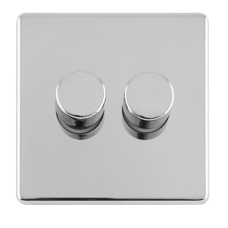 This is an image showing Eurolite Concealed 3mm 2 Gang Led Push On Off 2Way Dimmer - Polished Chrome (With White Trim) ecpc2dled available to order from T.H. Wiggans Ironmongery in Kendal, quick delivery and discounted prices.