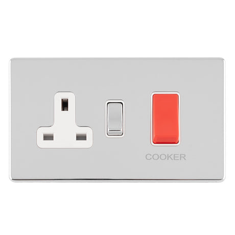 This is an image showing Eurolite Concealed 3mm 45Amp Dp Cooker Switch With 13Amp Socket - Polished Chrome (With White Trim) ecpc45aswasw available to order from T.H. Wiggans Ironmongery in Kendal, quick delivery and discounted prices.