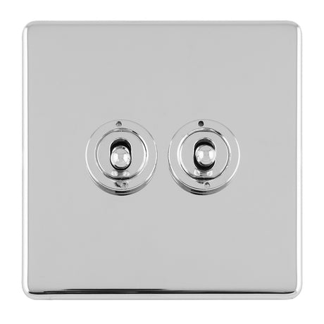 This is an image showing Eurolite Concealed 3mm 2 Gang 10Amp 2Way Toggle Switch Polished Chrome Plate - Polished Chrome (With White Trim) ecpct2sw available to order from T.H. Wiggans Ironmongery in Kendal, quick delivery and discounted prices.