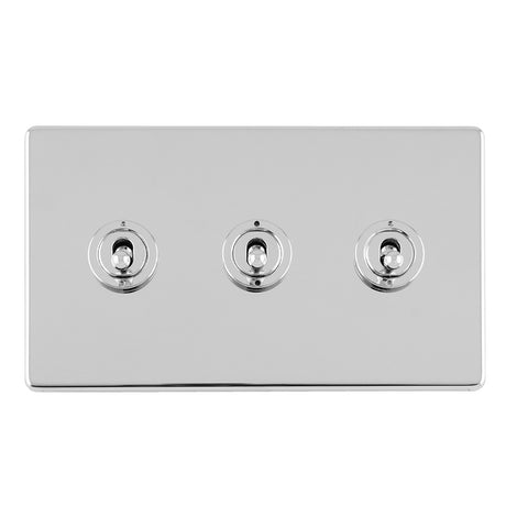 This is an image showing Eurolite Concealed 3mm 3 Gang 10Amp 2Way Toggle Switch Polished Chrome Plate - Polished Chrome (With White Trim) ecpct3sw available to order from T.H. Wiggans Ironmongery in Kendal, quick delivery and discounted prices.