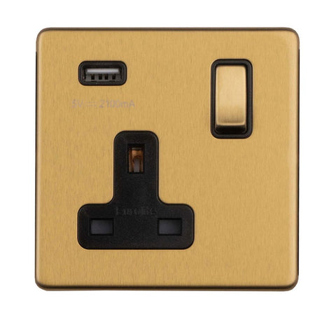 This is an image showing Eurolite Concealed 3mm 1 Gang Switched Socket With USB - Satin Brass ecsb1usbb available to order from T.H. Wiggans Ironmongery in Kendal, quick delivery and discounted prices.