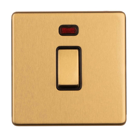 This is an image showing Eurolite Concealed 3mm 1 Gang 20Amp Switched Socket with neon Indicator - Satin Brass ecsb20adpswnb available to order from T.H. Wiggans Ironmongery in Kendal, quick delivery and discounted prices.