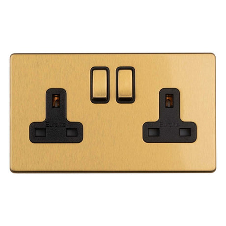This is an image showing Eurolite Concealed 3mm 2 Gang 13Amp Switched Socket - Satin Brass ecsb2sob available to order from T.H. Wiggans Ironmongery in Kendal, quick delivery and discounted prices.
