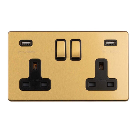 This is an image showing Eurolite Concealed 3mm 2 Gang 13Amp Switched Socket With USB - Satin Brass ecsb2usbb available to order from T.H. Wiggans Ironmongery in Kendal, quick delivery and discounted prices.