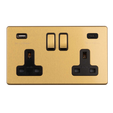 This is an image showing Eurolite Concealed 3mm 2 Gang 13Amp Switched Socket With Usb C Satin Brass - Satin Brass (With Black Trim) ecsb2usbcb available to order from T.H. Wiggans Ironmongery in Kendal, quick delivery and discounted prices.