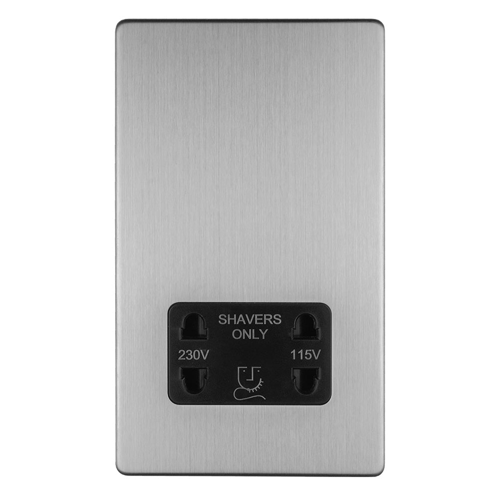 This is an image showing Eurolite Concealed 3mm 2 Gang Shaver Socket 230/115V - Stainless Steel (With Black Trim) ecssshsb available to order from T.H. Wiggans Ironmongery in Kendal, quick delivery and discounted prices.