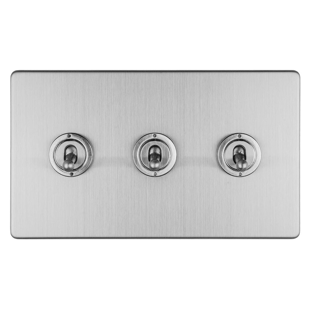 This is an image showing Eurolite Concealed 3mm 3 Gang 10Amp 2Way Toggle Switch Satin Stainless Plate - Stainless Steel (With Brass Trim) ecsst3sw available to order from T.H. Wiggans Ironmongery in Kendal, quick delivery and discounted prices.