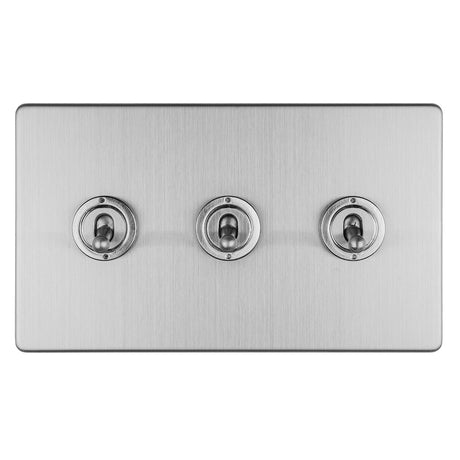 This is an image showing Eurolite Concealed 3mm 3 Gang 10Amp 2Way Toggle Switch Satin Stainless Plate - Stainless Steel (With Brass Trim) ecsst3sw available to order from T.H. Wiggans Ironmongery in Kendal, quick delivery and discounted prices.