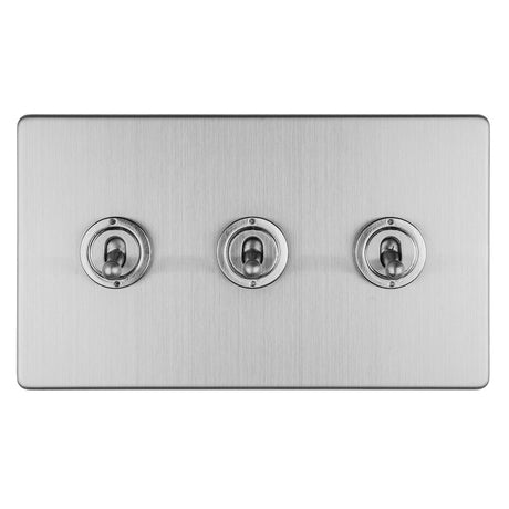 This is an image showing Eurolite Concealed 3mm 3 Gang 10Amp 2Way Toggle Switch Satin Stainless Plate - Stainless Steel (With Brass Trim) ecsst3sw available to order from T.H. Wiggans Ironmongery in Kendal, quick delivery and discounted prices.