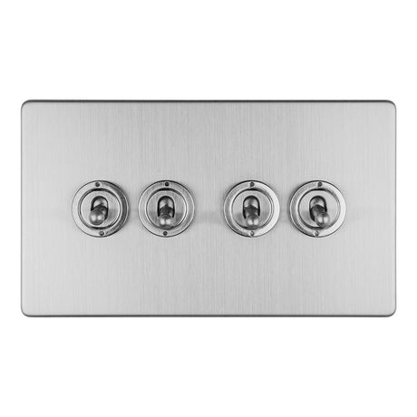 This is an image showing Eurolite Concealed 3mm 4 Gang 10Amp 2Way Toggle Switch Satin Stainless Plate - Stainless Steel (With Brass Trim) ecsst4sw available to order from T.H. Wiggans Ironmongery in Kendal, quick delivery and discounted prices.