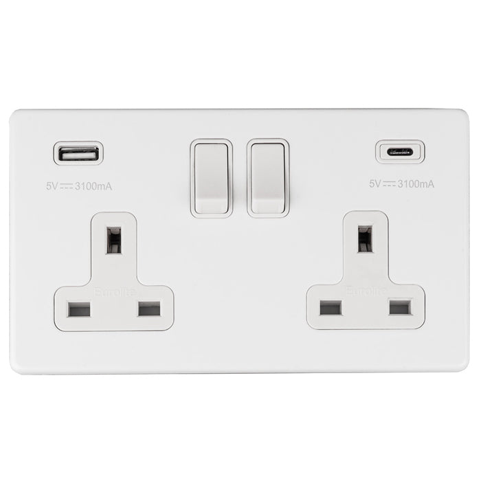 This is an image showing Eurolite Concealed 3mm 2 Gang 13Amp Switched Socket With Usb C White - Matt White (With White Trim) ecw2usbcw available to order from T.H. Wiggans Ironmongery in Kendal, quick delivery and discounted prices.
