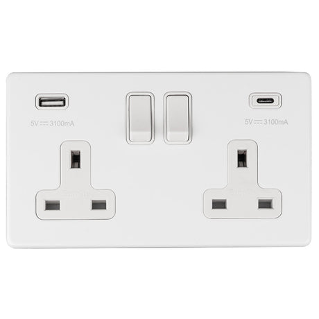 This is an image showing Eurolite Concealed 3mm 2 Gang 13Amp Switched Socket With Usb C White - Matt White (With White Trim) ecw2usbcw available to order from T.H. Wiggans Ironmongery in Kendal, quick delivery and discounted prices.