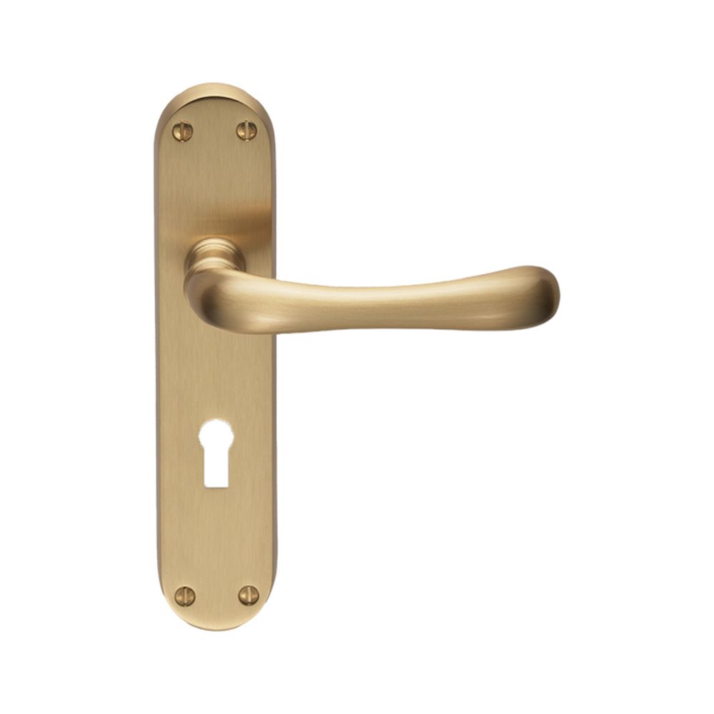 This is an image of Manital - Ibra Lever on Lock Backplate - Satin Brass available to order from T.H Wiggans Architectural Ironmongery in Kendal, quick delivery and discounted prices.
