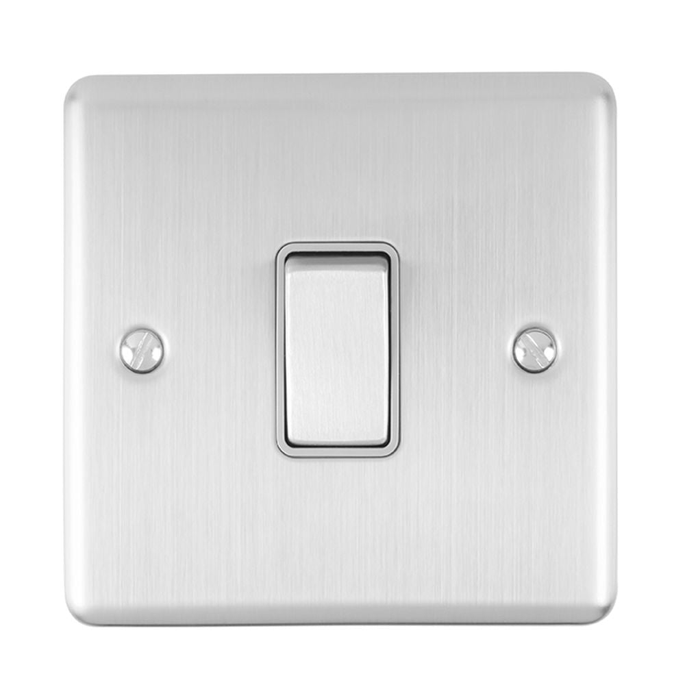 This is an image showing Eurolite Enhance Decorative 20Amp Switch - Satin Stainless Steel (With Grey Trim) en20aswssg available to order from T.H. Wiggans Ironmongery in Kendal, quick delivery and discounted prices.