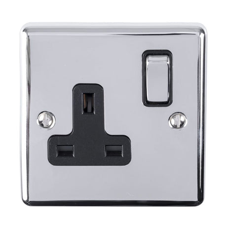 This is an image showing Eurolite Enhance Decorative 1 Gang Socket - Polished Chrome (With Black Trim) en1sopcb available to order from T.H. Wiggans Ironmongery in Kendal, quick delivery and discounted prices.