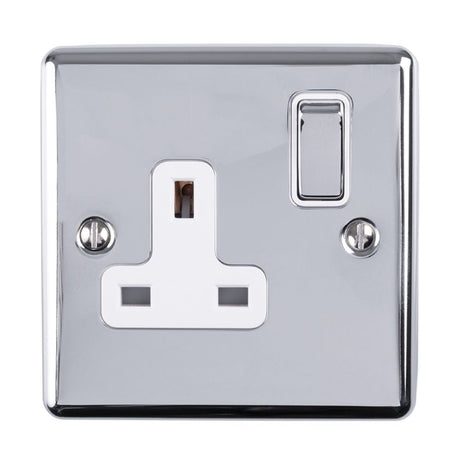 This is an image showing Eurolite Enhance Decorative 1 Gang Socket - Polished Chrome (With White Trim) en1sopcw available to order from T.H. Wiggans Ironmongery in Kendal, quick delivery and discounted prices.