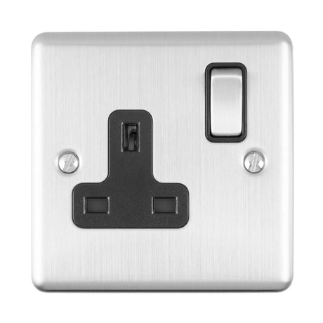 This is an image showing Eurolite Enhance Decorative 1 Gang Socket - Satin Stainless Steel (With Black Trim) en1sossb available to order from T.H. Wiggans Ironmongery in Kendal, quick delivery and discounted prices.