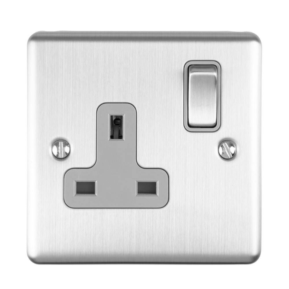 This is an image showing Eurolite Enhance Decorative 1 Gang Socket - Satin Stainless Steel (With Grey Trim) en1sossg available to order from T.H. Wiggans Ironmongery in Kendal, quick delivery and discounted prices.