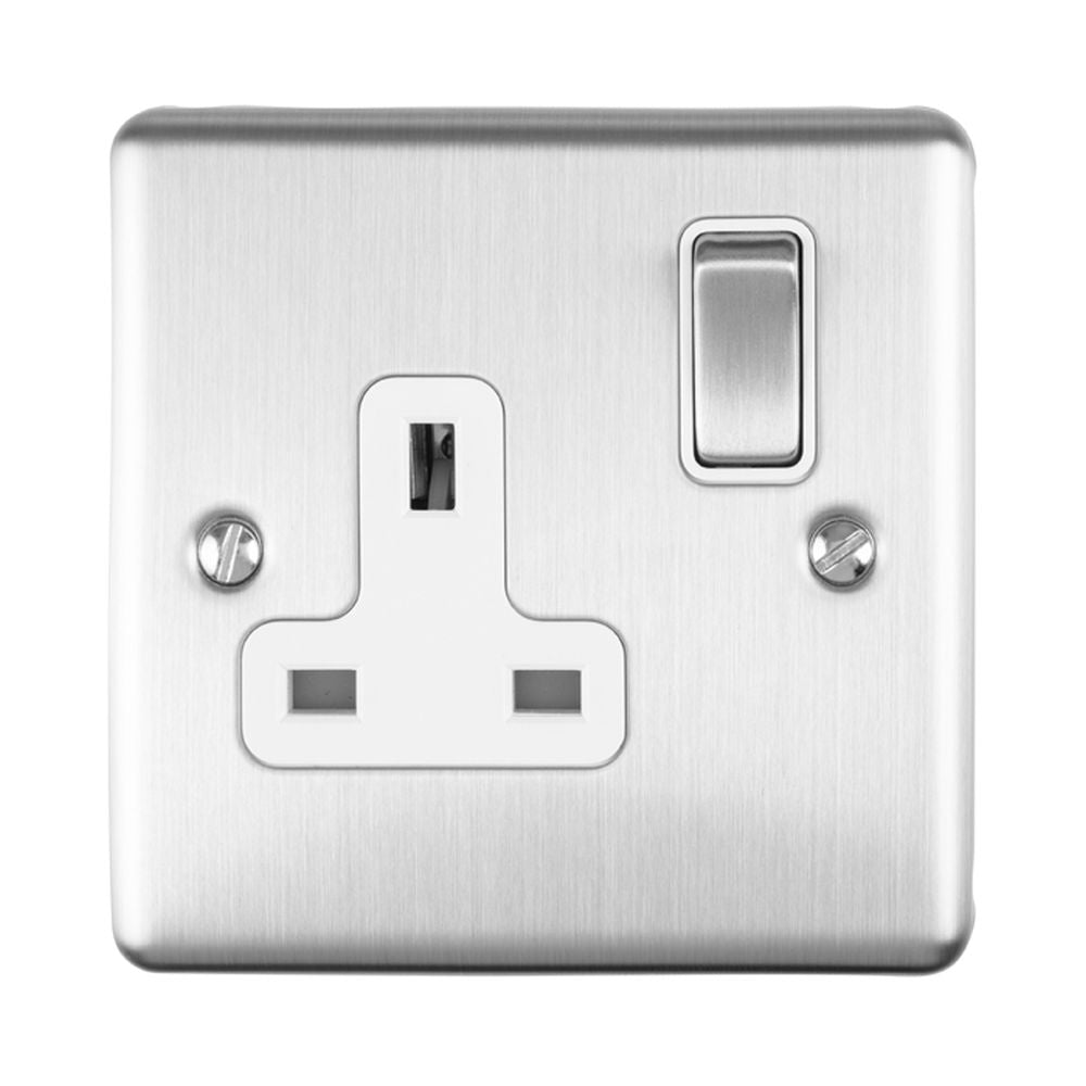 This is an image showing Eurolite Enhance Decorative 1 Gang Socket - Satin Stainless Steel (With White Trim) en1sossw available to order from T.H. Wiggans Ironmongery in Kendal, quick delivery and discounted prices.