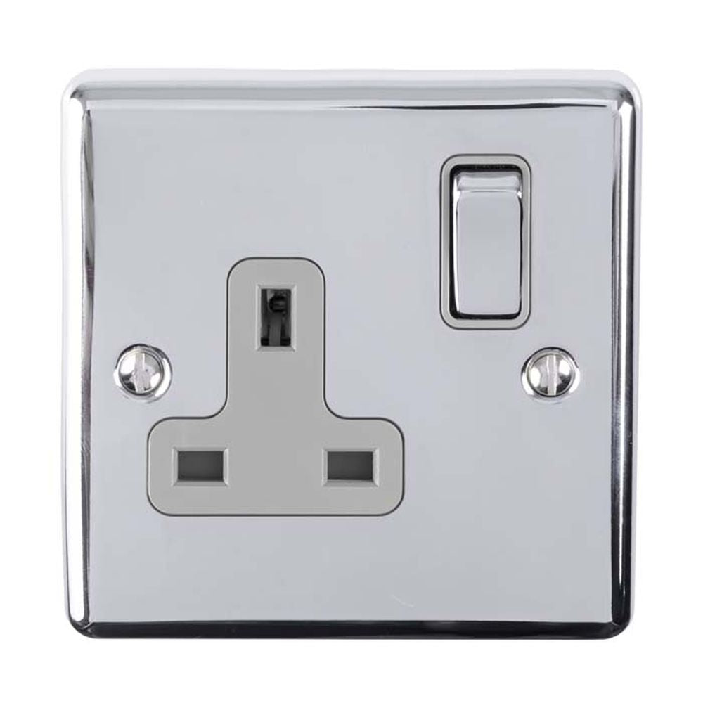 This is an image showing Eurolite Enhance Decorative 1 Gang Socket - Polished Chrome (With Grey Trim) en1sopcg available to order from T.H. Wiggans Ironmongery in Kendal, quick delivery and discounted prices.