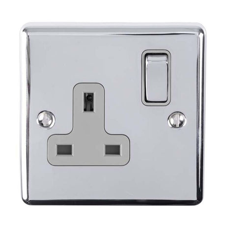 This is an image showing Eurolite Enhance Decorative 1 Gang Socket - Polished Chrome (With Grey Trim) en1sopcg available to order from T.H. Wiggans Ironmongery in Kendal, quick delivery and discounted prices.