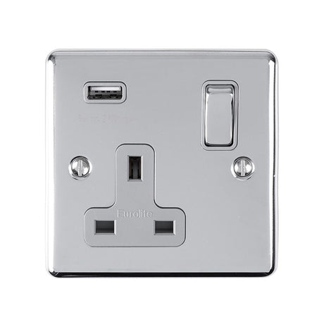 This is an image showing Eurolite Enhance Decorative 1 Gang USB Socket - Polished Chrome (With Grey Trim) en1usbpcg available to order from T.H. Wiggans Ironmongery in Kendal, quick delivery and discounted prices.