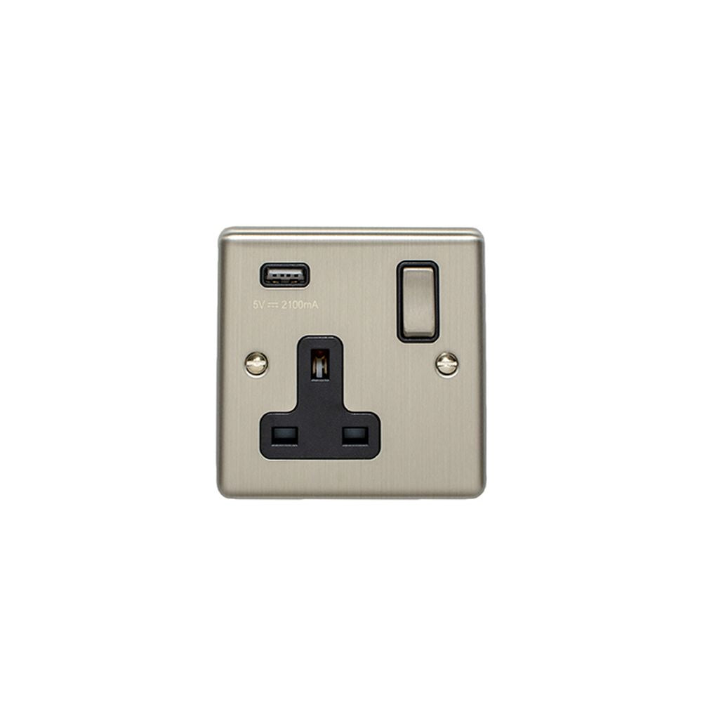 This is an image showing Eurolite Enhance Decorative 1 Gang USB Socket - Satin Stainless Steel (With Black Trim) en1usbssb available to order from T.H. Wiggans Ironmongery in Kendal, quick delivery and discounted prices.