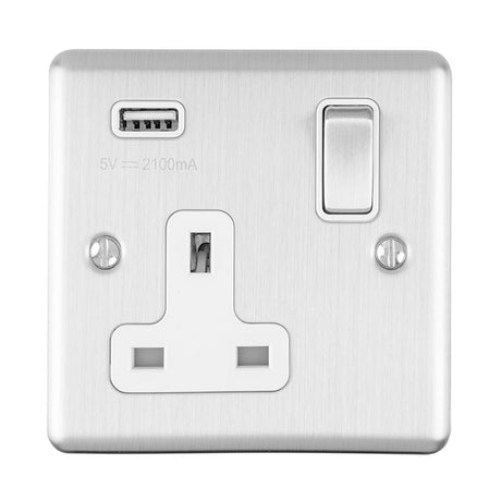 This is an image showing Eurolite Enhance Decorative 1 Gang USB Socket - Satin Stainless Steel (With White Trim) en1usbssw available to order from T.H. Wiggans Ironmongery in Kendal, quick delivery and discounted prices.