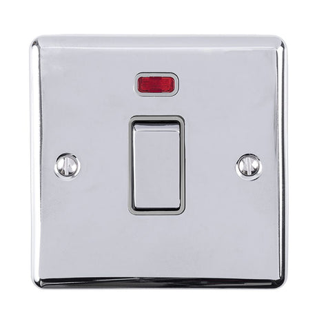 This is an image showing Eurolite Enhance Decorative 20Amp Switch with Neon Indicator - Polished Chrome (With Grey Trim) en20aswnpcg available to order from T.H. Wiggans Ironmongery in Kendal, quick delivery and discounted prices.