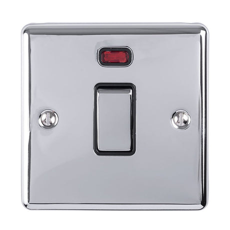 This is an image showing Eurolite Enhance Decorative 20Amp Switch with Neon Indicator - Polished Chrome (With Black Trim) en20aswnpcb available to order from T.H. Wiggans Ironmongery in Kendal, quick delivery and discounted prices.
