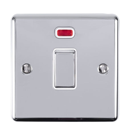 This is an image showing Eurolite Enhance Decorative 20Amp Switch with Neon Indicator - Polished Chrome (With White Trim) en20aswnpcw available to order from T.H. Wiggans Ironmongery in Kendal, quick delivery and discounted prices.