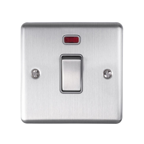 This is an image showing Eurolite Enhance Decorative 20Amp Switch with Neon Indicator - Satin Stainless Steel (With Grey Trim) en20aswnssg available to order from T.H. Wiggans Ironmongery in Kendal, quick delivery and discounted prices.