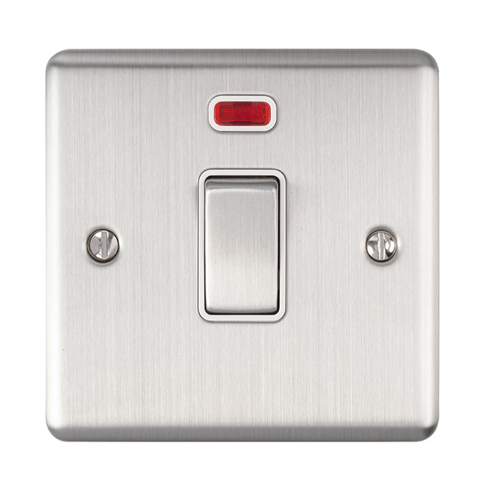 This is an image showing Eurolite Enhance Decorative 20Amp Switch with Neon Indicator - Satin Stainless Steel (With White Trim) en20aswnssw available to order from T.H. Wiggans Ironmongery in Kendal, quick delivery and discounted prices.