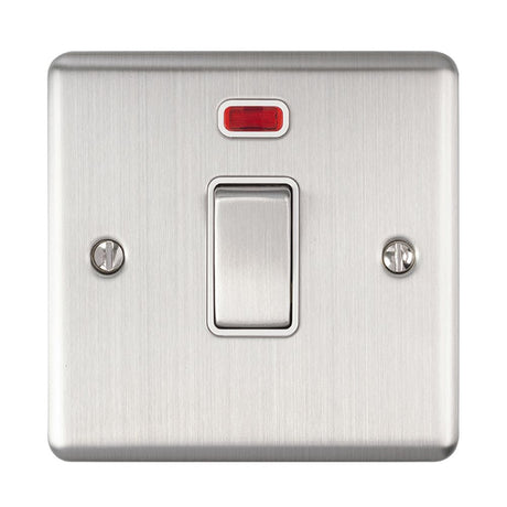 This is an image showing Eurolite Enhance Decorative 20Amp Switch with Neon Indicator - Satin Stainless Steel (With White Trim) en20aswnssw available to order from T.H. Wiggans Ironmongery in Kendal, quick delivery and discounted prices.