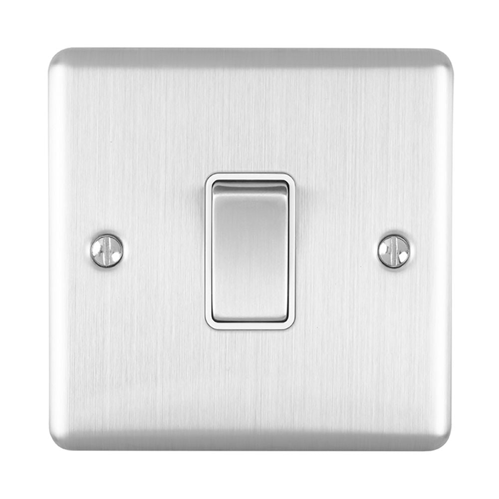 This is an image showing Eurolite Enhance Decorative 20Amp Switch - Satin Stainless Steel (With White Trim) en20aswssw available to order from T.H. Wiggans Ironmongery in Kendal, quick delivery and discounted prices.