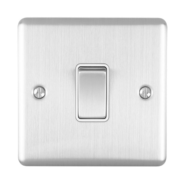 This is an image showing Eurolite Enhance Decorative 20Amp Switch - Satin Stainless Steel (With White Trim) en20aswssw available to order from T.H. Wiggans Ironmongery in Kendal, quick delivery and discounted prices.
