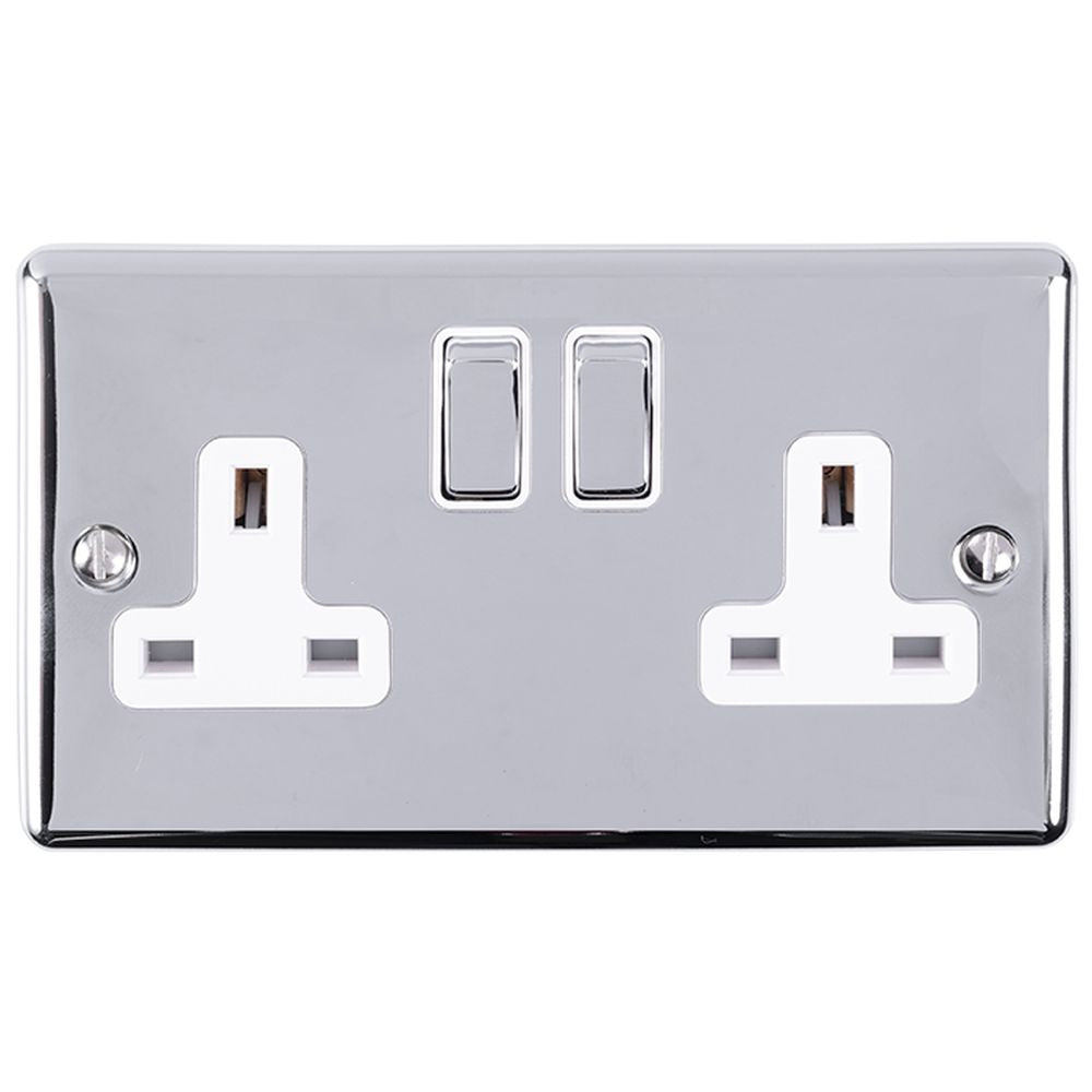 This is an image showing Eurolite Enhance Decorative 2 Gang Socket - Polished Chrome (With White Trim) en2sopcw available to order from T.H. Wiggans Ironmongery in Kendal, quick delivery and discounted prices.