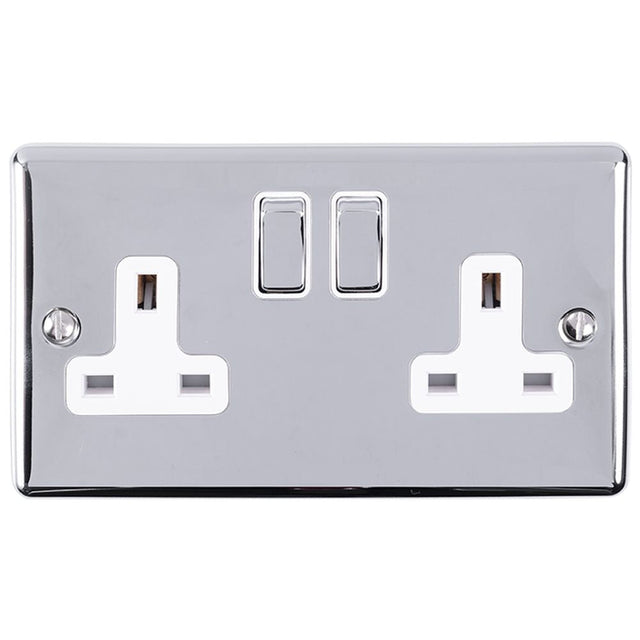 This is an image showing Eurolite Enhance Decorative 2 Gang Socket - Polished Chrome (With White Trim) en2sopcw available to order from T.H. Wiggans Ironmongery in Kendal, quick delivery and discounted prices.