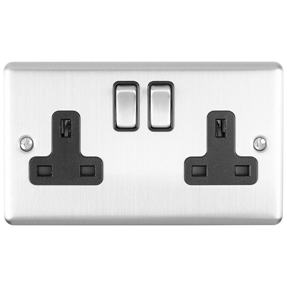 This is an image showing Eurolite Enhance Decorative 2 Gang Socket - Satin Stainless Steel (With Black Trim) en2sossb available to order from T.H. Wiggans Ironmongery in Kendal, quick delivery and discounted prices.