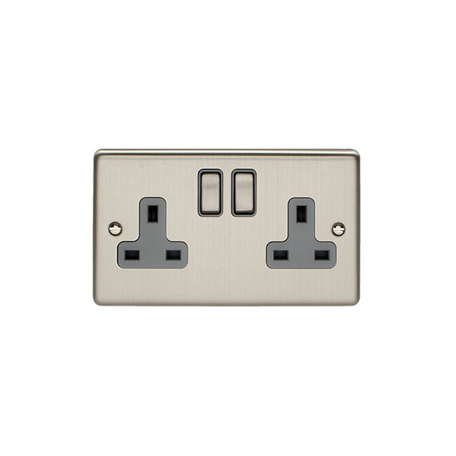 This is an image showing Eurolite Enhance Decorative 2 Gang Socket - Satin Stainless Steel (With Grey Trim) en2sossg available to order from T.H. Wiggans Ironmongery in Kendal, quick delivery and discounted prices.