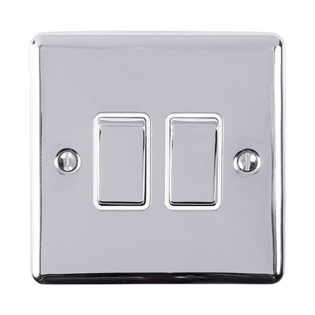 This is an image showing Eurolite Enhance Decorative 2 Gang Switch - Polished Chrome (With White Trim) en2swpcw available to order from T.H. Wiggans Ironmongery in Kendal, quick delivery and discounted prices.