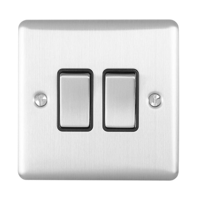 This is an image showing Eurolite Enhance Decorative 2 Gang Switch - Satin Stainless Steel (With Black Trim) en2swssb available to order from T.H. Wiggans Ironmongery in Kendal, quick delivery and discounted prices.