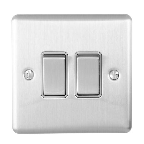 This is an image showing Eurolite Enhance Decorative 2 Gang Switch - Satin Stainless Steel (With Grey Trim) en2swssg available to order from T.H. Wiggans Ironmongery in Kendal, quick delivery and discounted prices.