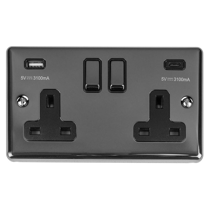 This is an image showing Eurolite Enhance Decorative 2 Gang 13Amp Switched Socket With Usb C Black Nickel - Black Nickel (With Black Trim) en2usbcbnb available to order from T.H. Wiggans Ironmongery in Kendal, quick delivery and discounted prices.