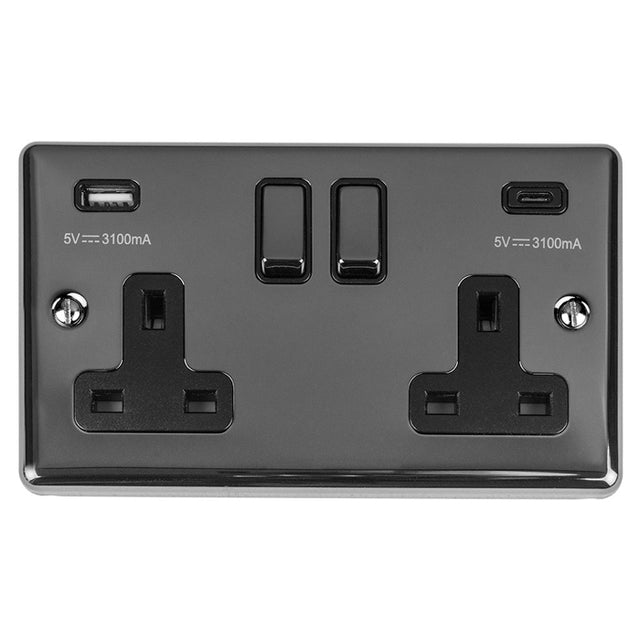 This is an image showing Eurolite Enhance Decorative 2 Gang 13Amp Switched Socket With Usb C Black Nickel - Black Nickel (With Black Trim) en2usbcbnb available to order from T.H. Wiggans Ironmongery in Kendal, quick delivery and discounted prices.