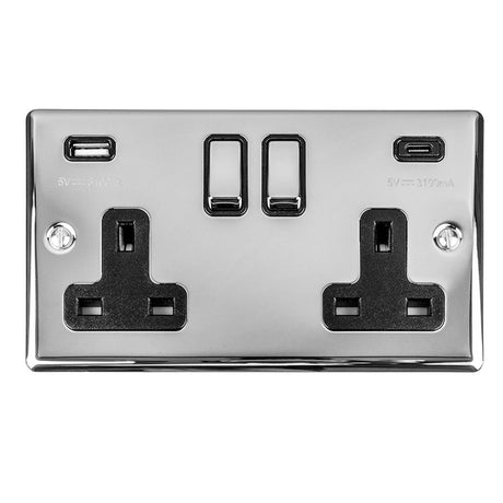 This is an image showing Eurolite Enhance Decorative 2 Gang 13Amp Switched Socket With Usb C Polished Chrome - Polished Chrome (With Rockers Trim) en2usbcpcb available to order from T.H. Wiggans Ironmongery in Kendal, quick delivery and discounted prices.
