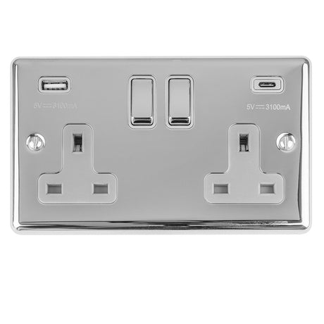 This is an image showing Eurolite Enhance Decorative 2 Gang 13Amp Switched Socket With Usb C Polished Chrome - Polished Chrome (With Rockers Trim) en2usbcpcg available to order from T.H. Wiggans Ironmongery in Kendal, quick delivery and discounted prices.
