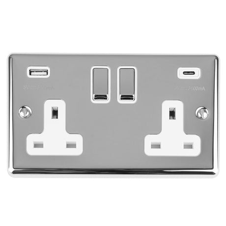 This is an image showing Eurolite Enhance Decorative 2 Gang 13Amp Switched Socket With Usb C Polished Chrome - Polished Chrome (With Rockers Trim) en2usbcpcw available to order from T.H. Wiggans Ironmongery in Kendal, quick delivery and discounted prices.