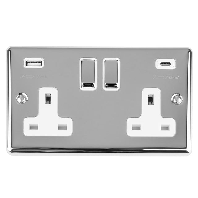 This is an image showing Eurolite Enhance Decorative 2 Gang 13Amp Switched Socket With Usb C Polished Chrome - Polished Chrome (With Rockers Trim) en2usbcpcw available to order from T.H. Wiggans Ironmongery in Kendal, quick delivery and discounted prices.