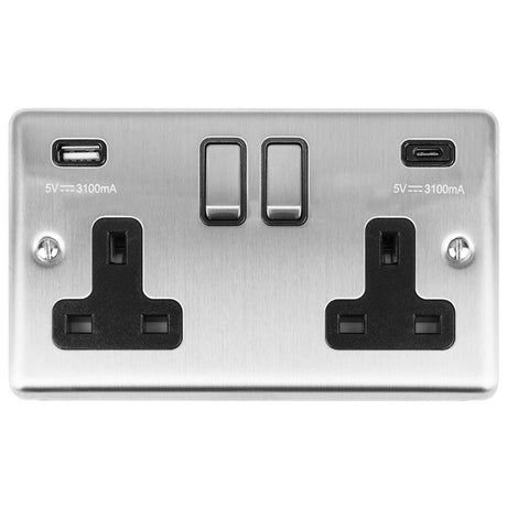 This is an image showing Eurolite Enhance Decorative 2 Gang 13Amp Switched Socket With Usb C Stainless Steel - Satin Stainless (With Rockers Trim) en2usbcssb available to order from T.H. Wiggans Ironmongery in Kendal, quick delivery and discounted prices.